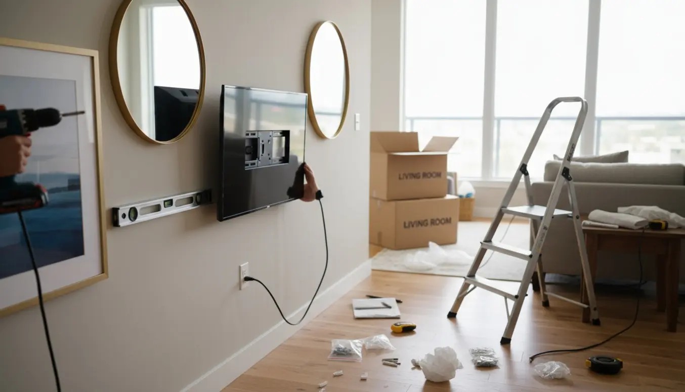 Flyttekasser og hænder, der hænger billeder, et spejl og opsætter fjernsyn i en lys stue.