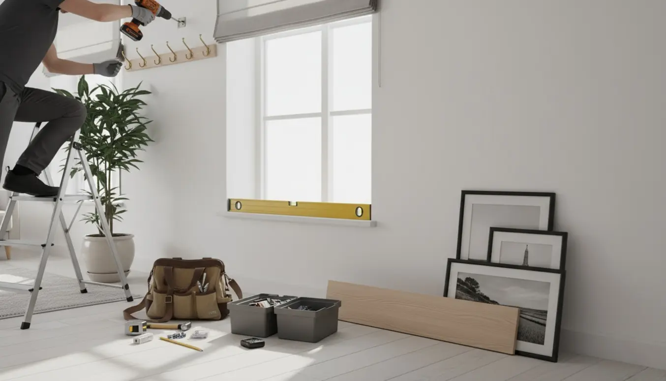 Hænder monterer hylder, billeder, en knagerække og et rullegardin på en lys væg med værktøj på gulvet.