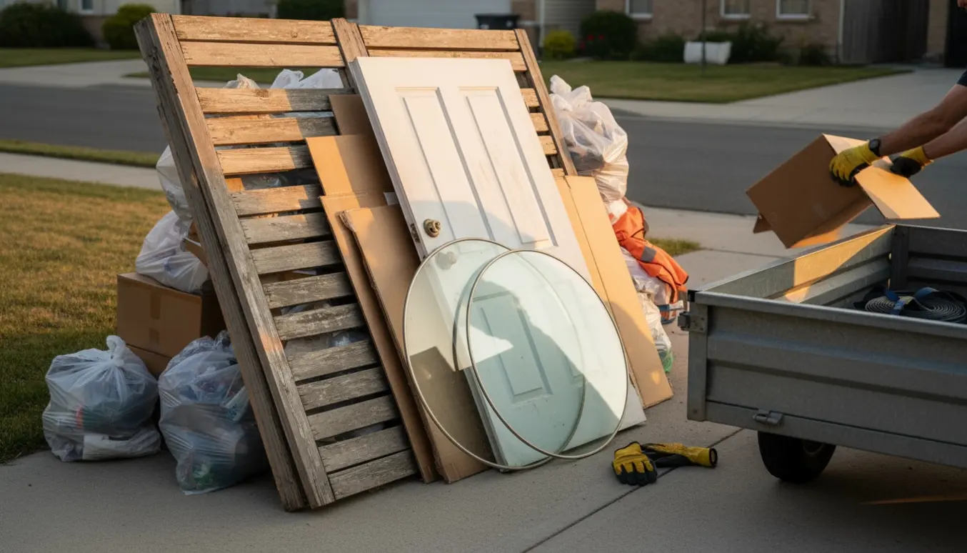 Bunke blandet affald ved en lille åben trailer med dør, lamelhegn, pappakninger og runde glasskiver.