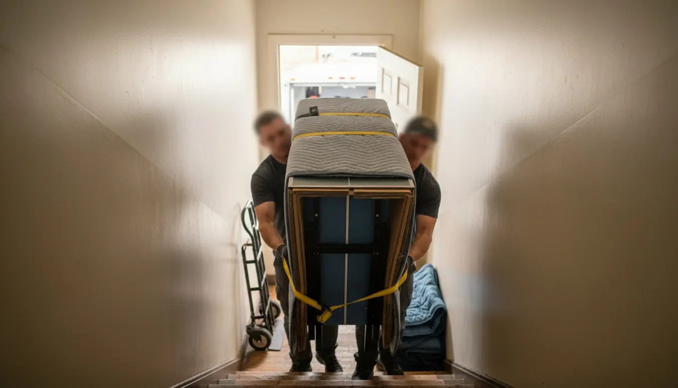 To flyttemænd bærer et indpakket, tungt bordtennisbord op ad en lejlighedstrappe.