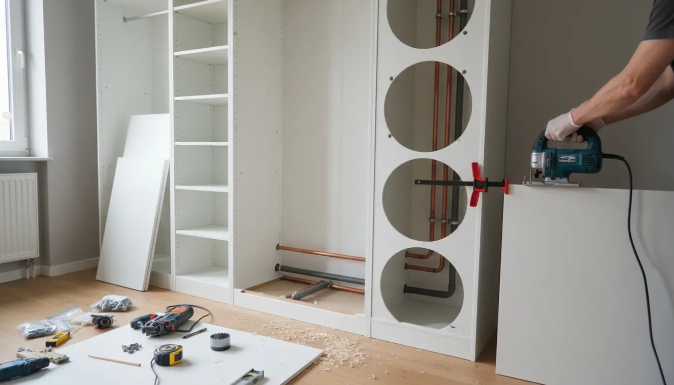 Delvist monteret hvid garderobe med udskæringer til VVS- og fjernvarmerør og værktøj omkring.