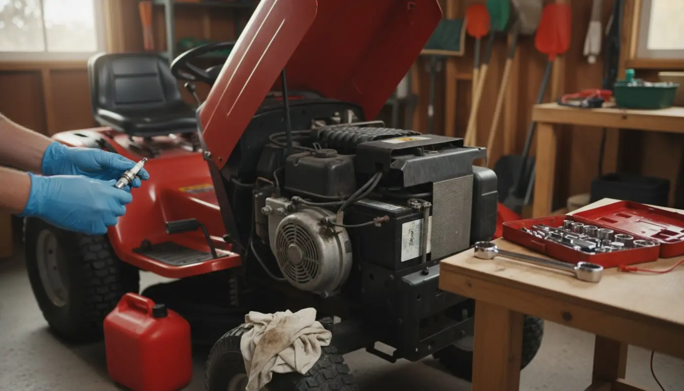 Havetraktor med åben motorhjelm i et ryddeligt skur, værktøj og handsker klar til reparation.