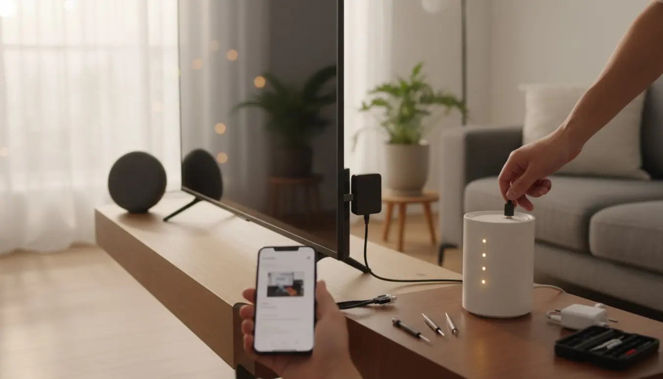 Smartphone og Google Nest Mini foran et TV og en router, mens nogen fejlfinder en Wi‑Fi-forbindelse.