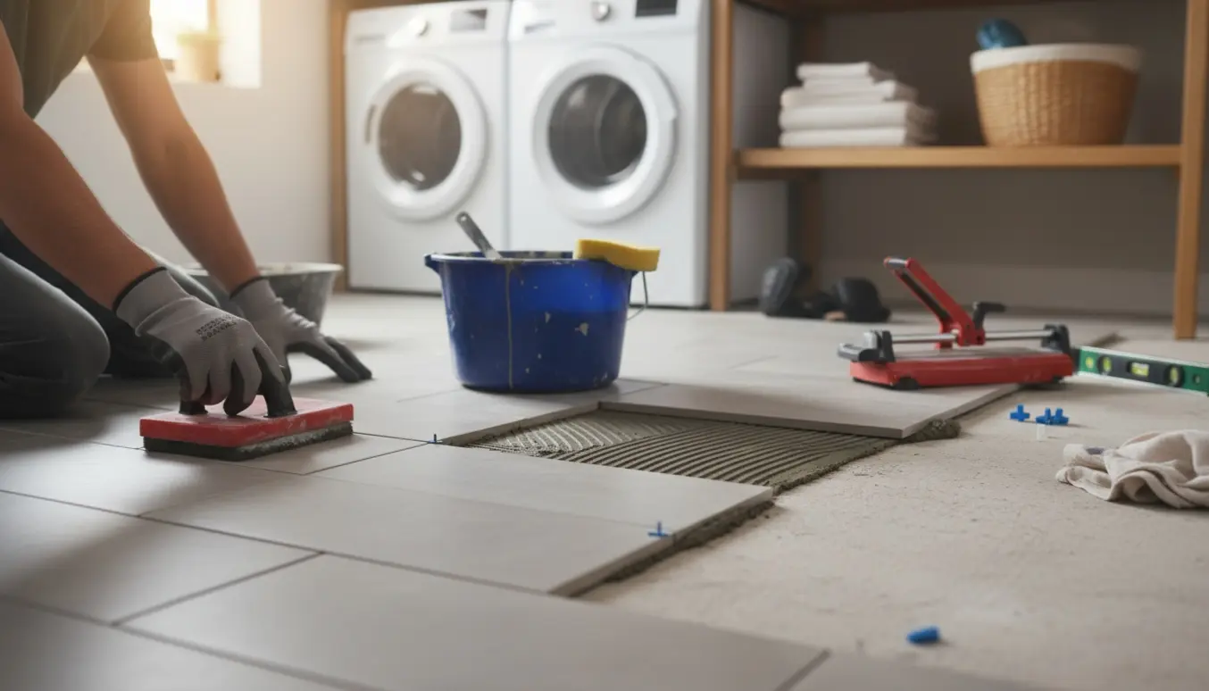 Delvist flisebelagt bryggers med hænder og værktøj, der lægger fliser og fuge.