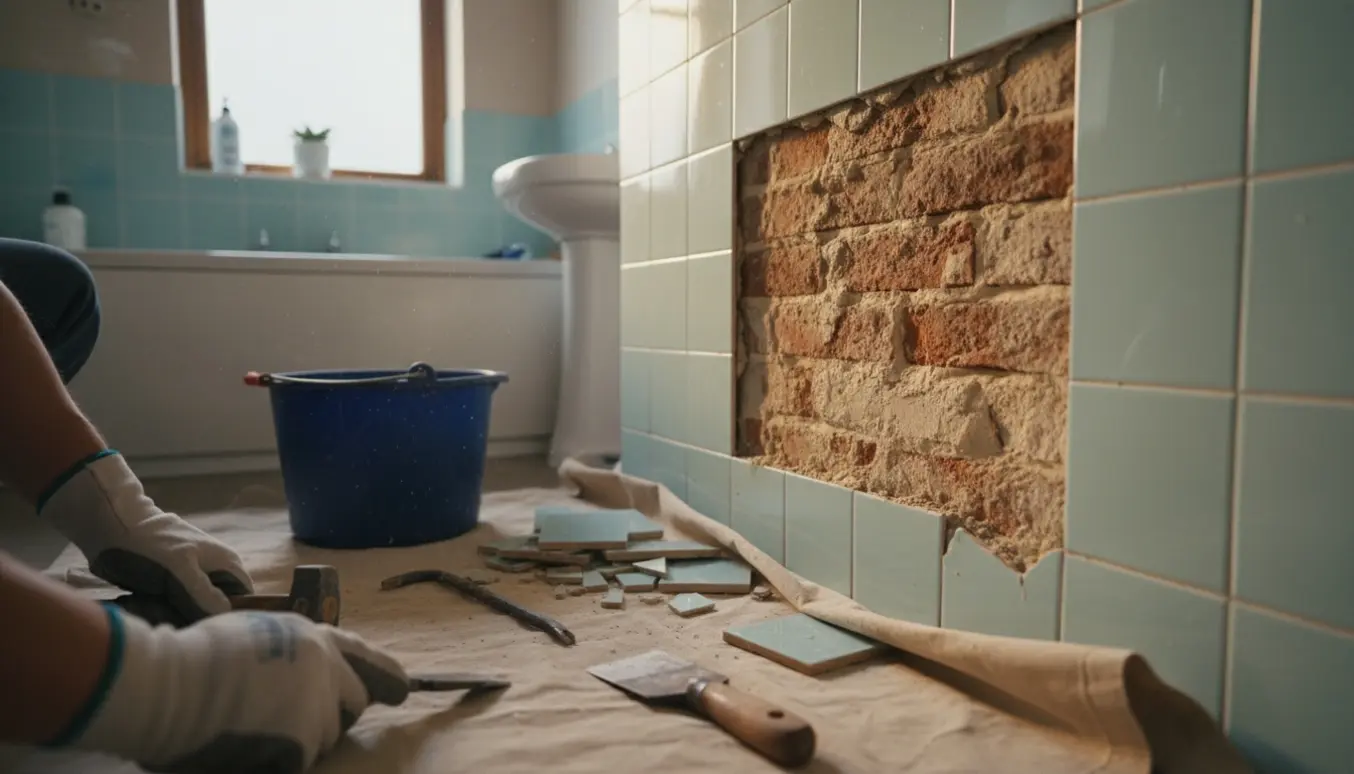 Delvist fjernet vægfliser i et badeværelse med værktøj, skår og en spand klar til bortskaffelse.