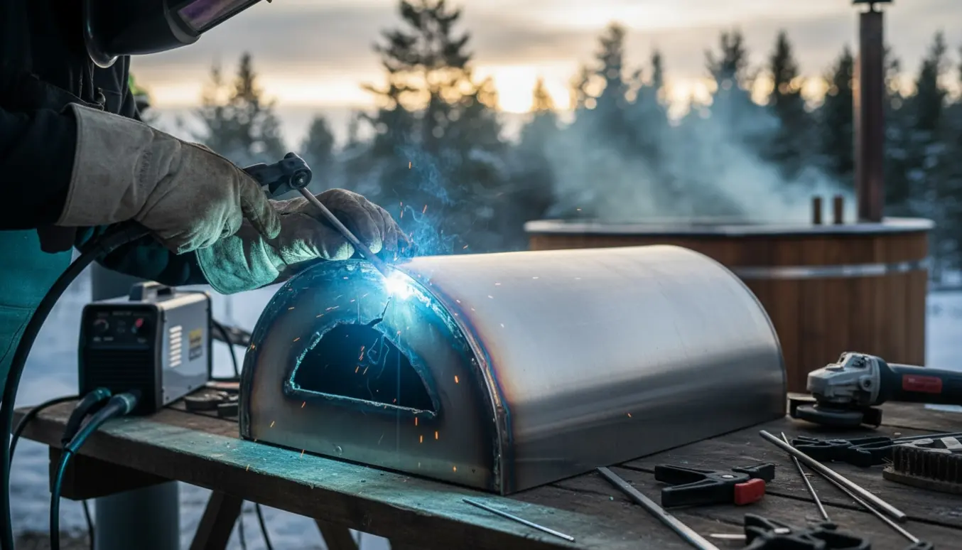 Nærbillede af svejsning på en frostsprængt rustfri ovn til et vildmarksbad med svejseudstyr på et arbejdsbord.