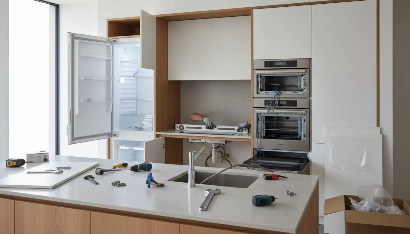 Næsten færdigt moderne køkken med indbyggede hvidevarer, løse skabslåger og værktøj under montering.