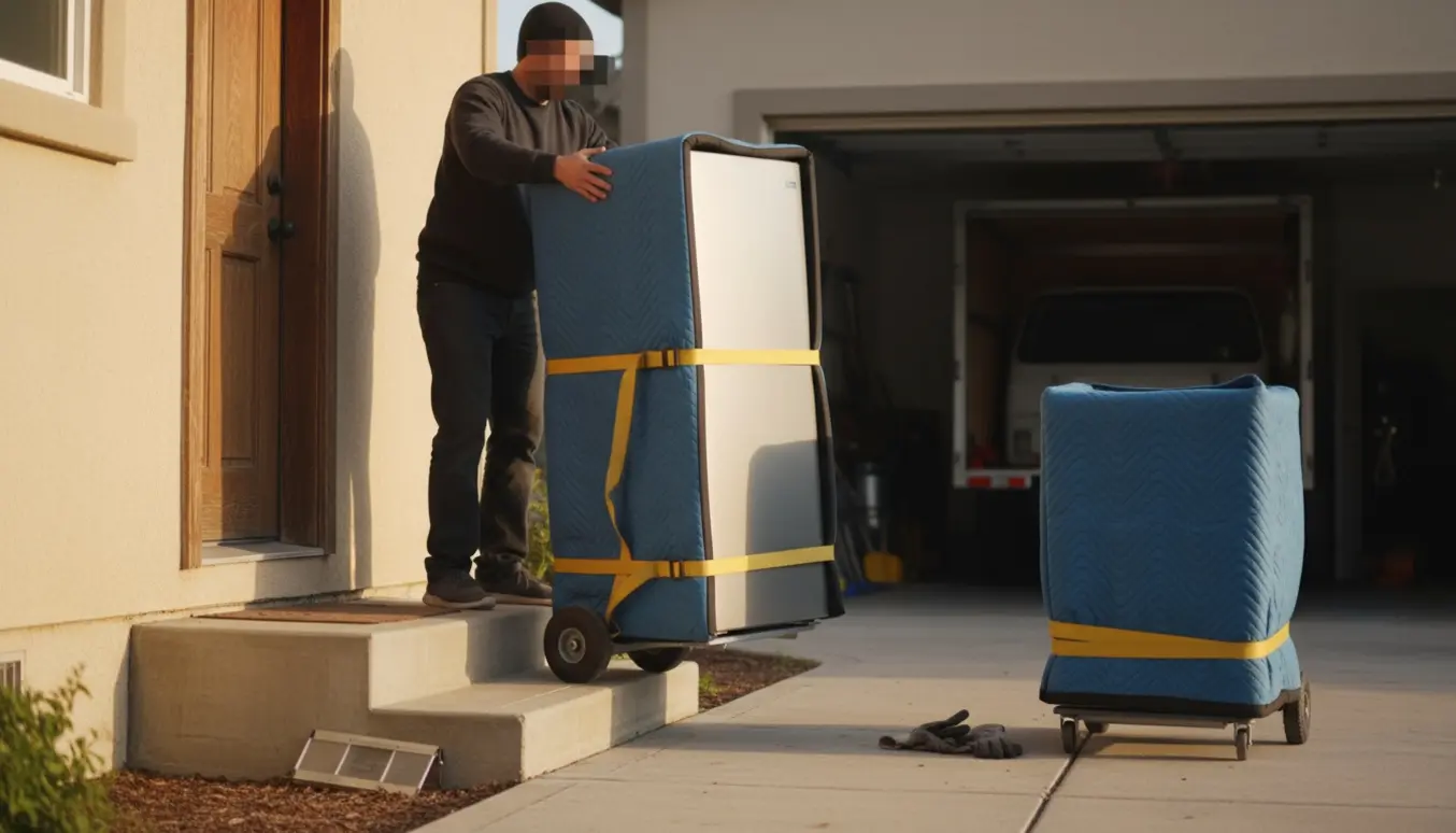 To personer bærer et højt køleskab og en pakket opvaskemaskine ud mod en åben garage via to udendørs trin.