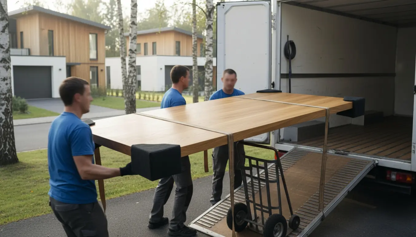 Et massivt eget spisebord løftes ind i en flyttevogn af hjælpere, beskyttet af tæpper og stropper.
