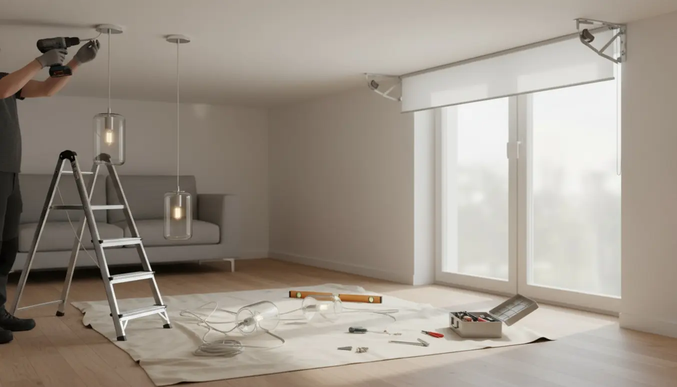 Hænder monterer pendellamper og et rullegardin i en lys, moderne stue.