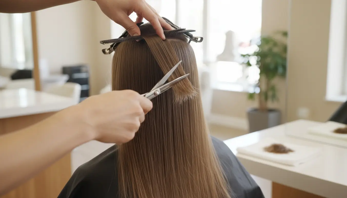 Nærbillede af en frisør, der klipper spidserne af langt, tyndt hår uden lag i et lyst salonmiljø.