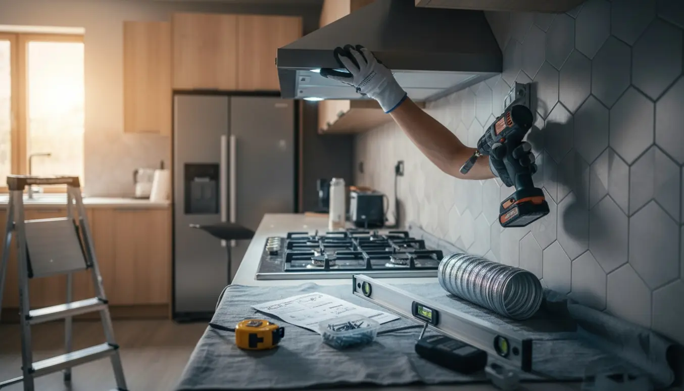 Installationen af en rustfri emhætte i et moderne køkken med værktøj og hænder i arbejde.