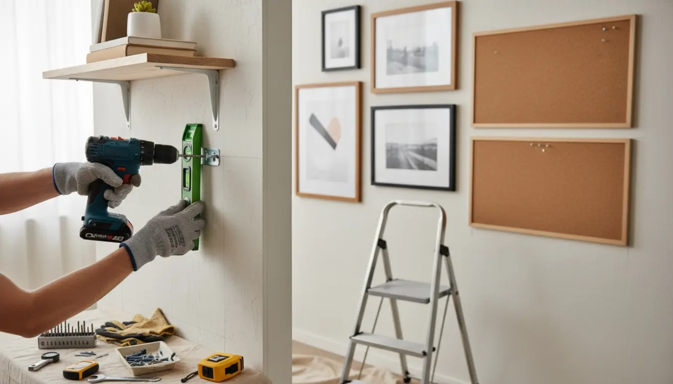 Hænder bruger en boremaskine til at montere billeder, opslagstavler og en hylde på en lys væg.