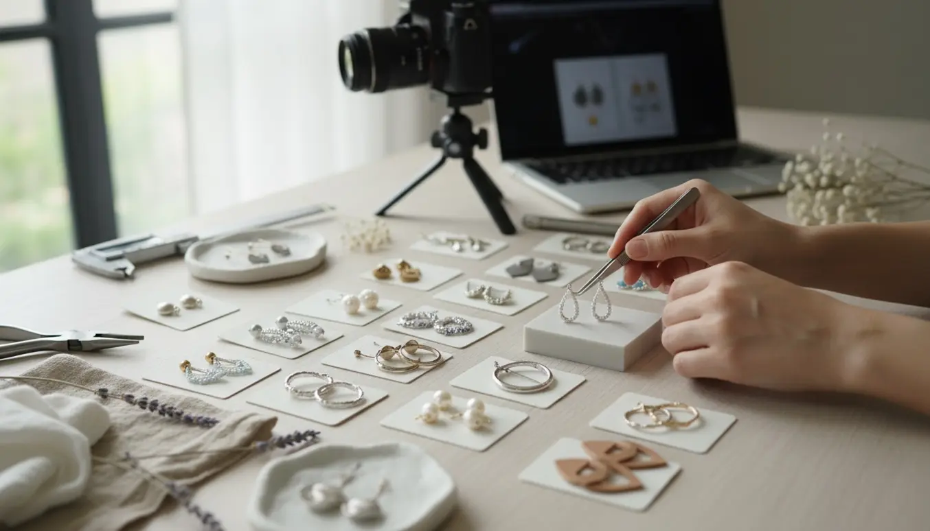 Fotostudie med håndlavede øreringe arrangeret på hvid baggrund, justeret af hænder med pincet.