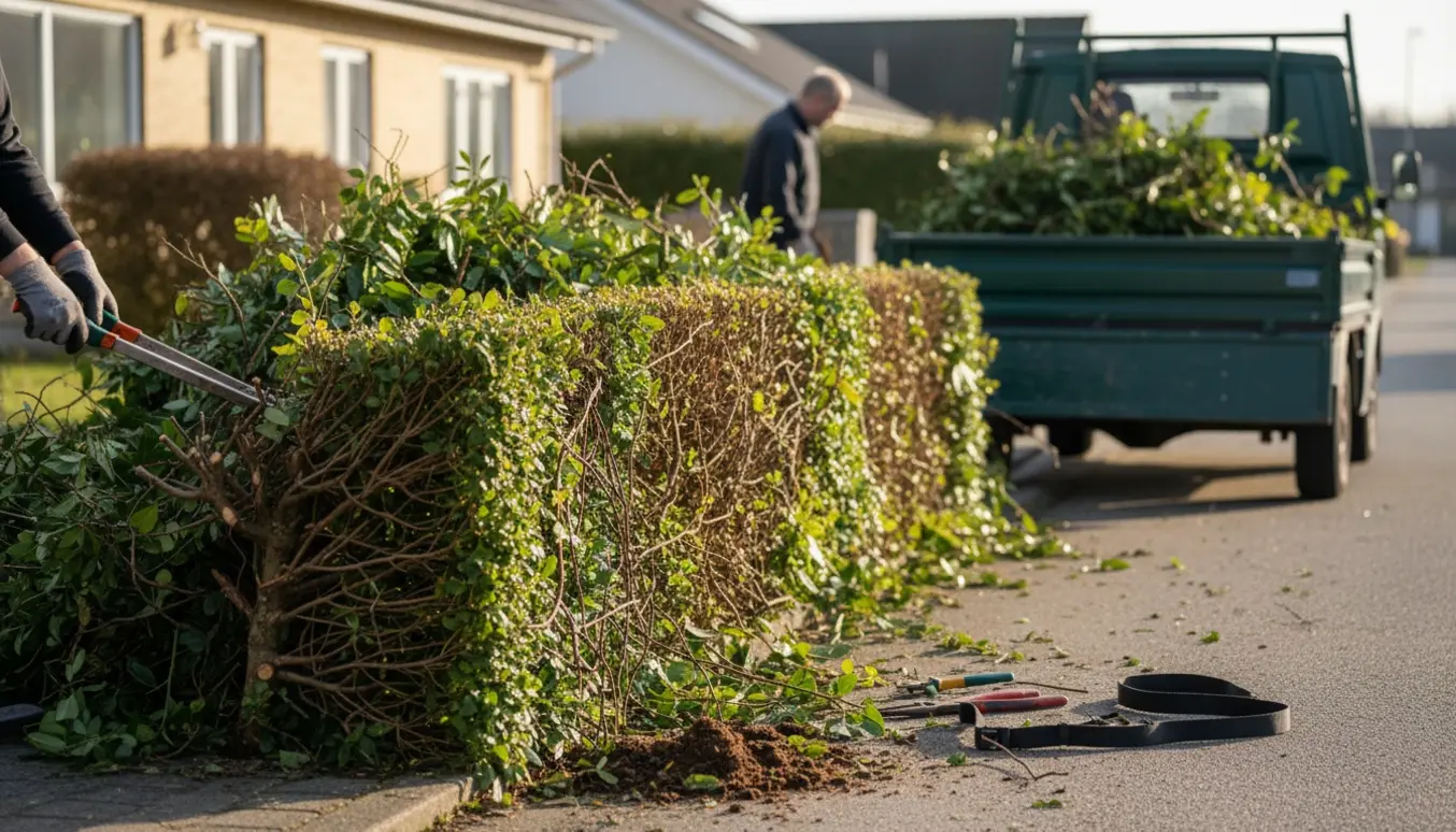Lang bunke af hækaffald ved fortovet klar til afhentning, med værktøj og en åben ladbil i baggrunden.