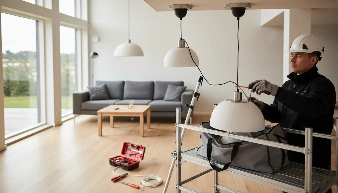 En håndværker fjerner to pendellamper i en højloftet stue fra en mobil arbejdsplatform.