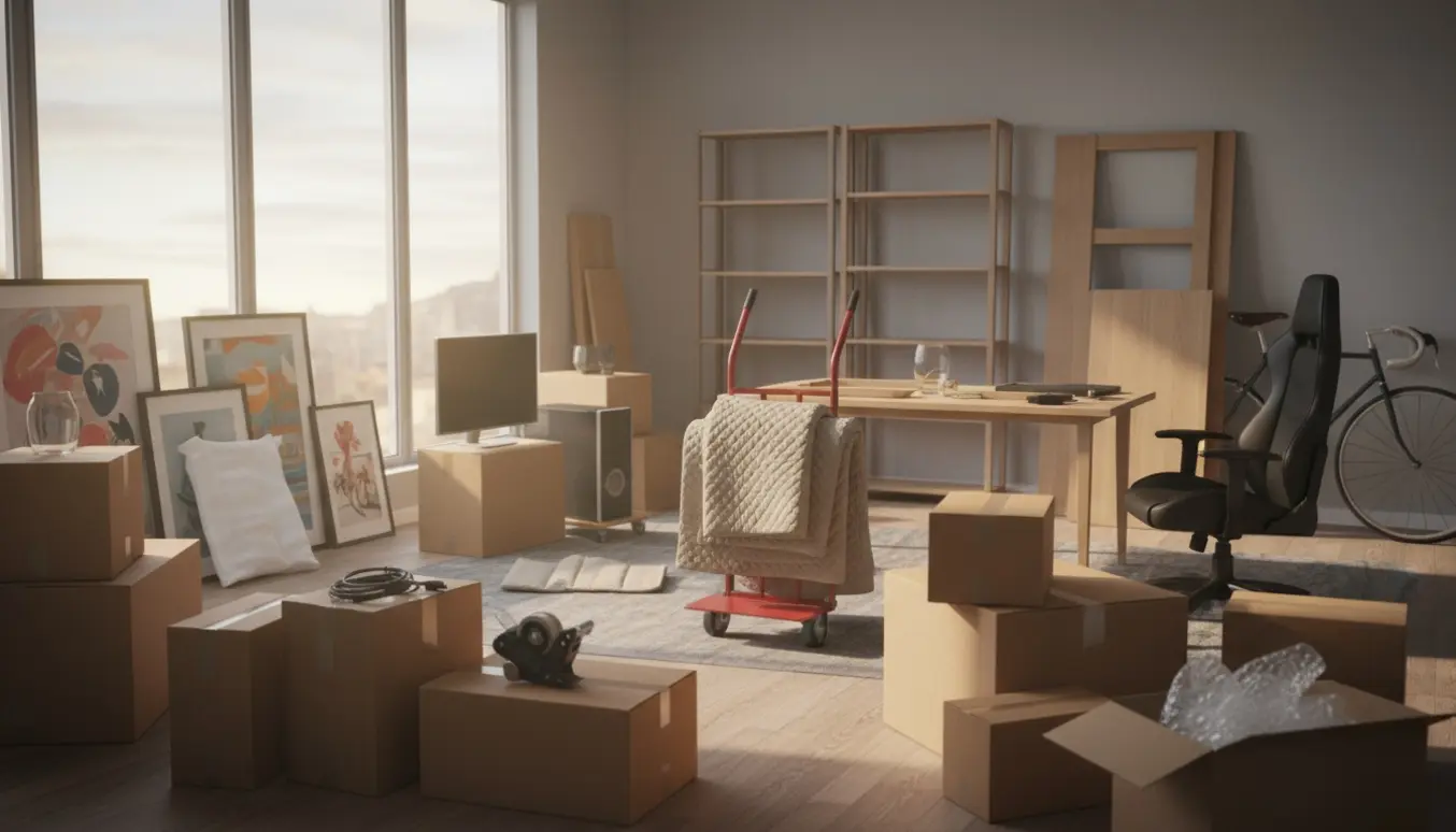 Flyttescene med stabler af flyttekasser, bogreoler, gamer-stol, cykel og indpakkede møbler i et lyst rum.