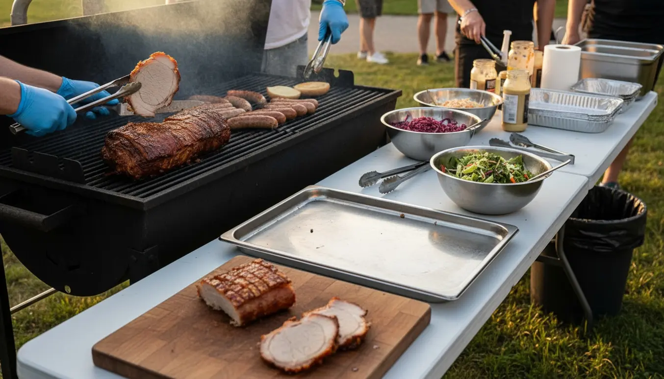 Udendørs cateringgrill med flæskesteg, pølser og grillede boller klar til sandwich, hænder i arbejde.