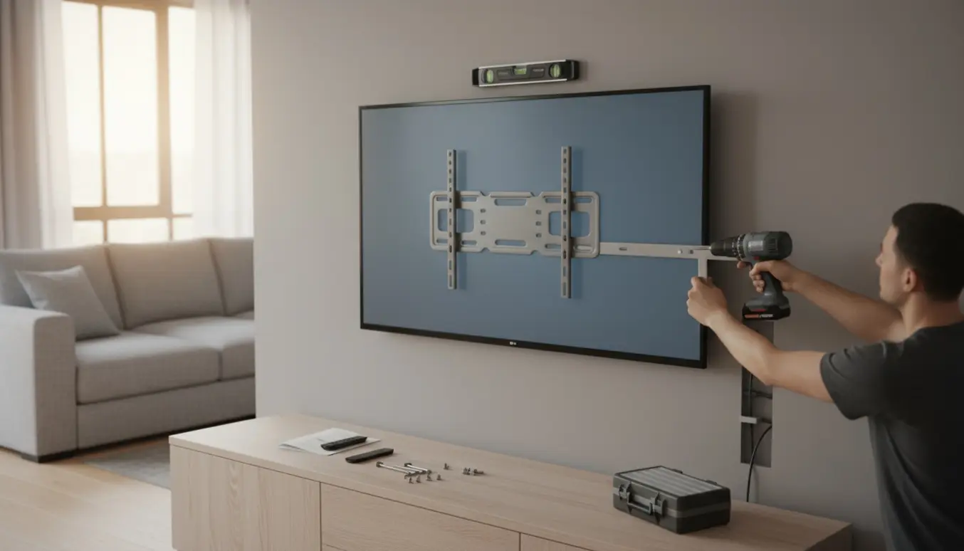 Montage af et smart-tv på en stuevæg med værktøj og skjulte kabler, uden tydelige ansigter.