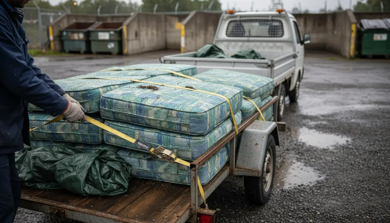 Våde store havelynd i en trailer ved en losseplads, klar til at blive kørt væk.