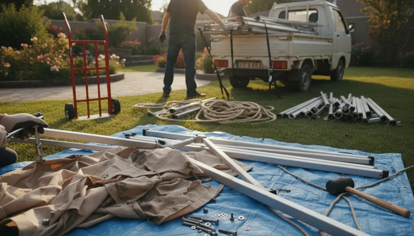 Ødelagt pavillon demonteres og læsses i en pickup af arbejdere med handsker.