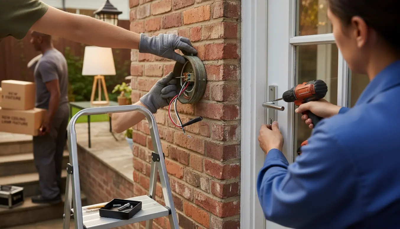 Hænder fjerner og reparerer udendørslamper, spænder låsen på en havedør og justerer en dæmper over et bord.