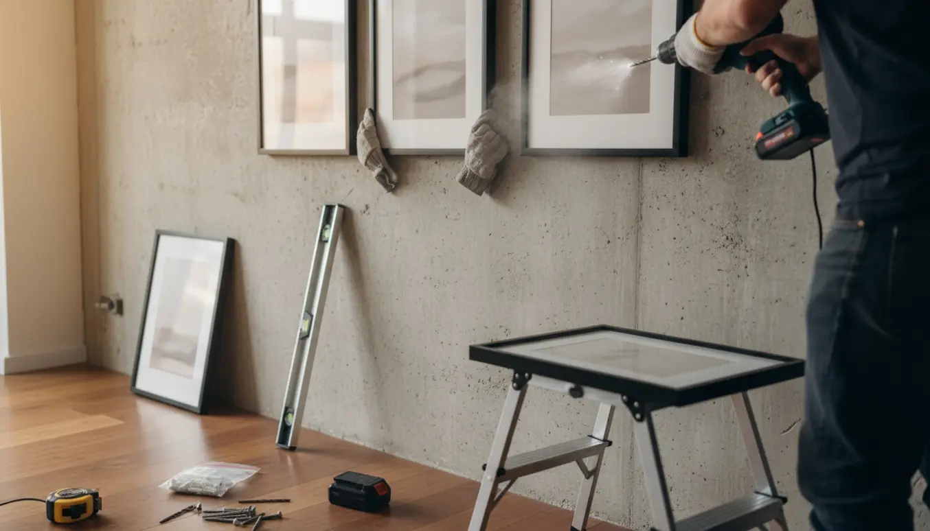 Tre billeder bliver hængt op på en rå betonvæg med slagboremaskine og rawlplugs.