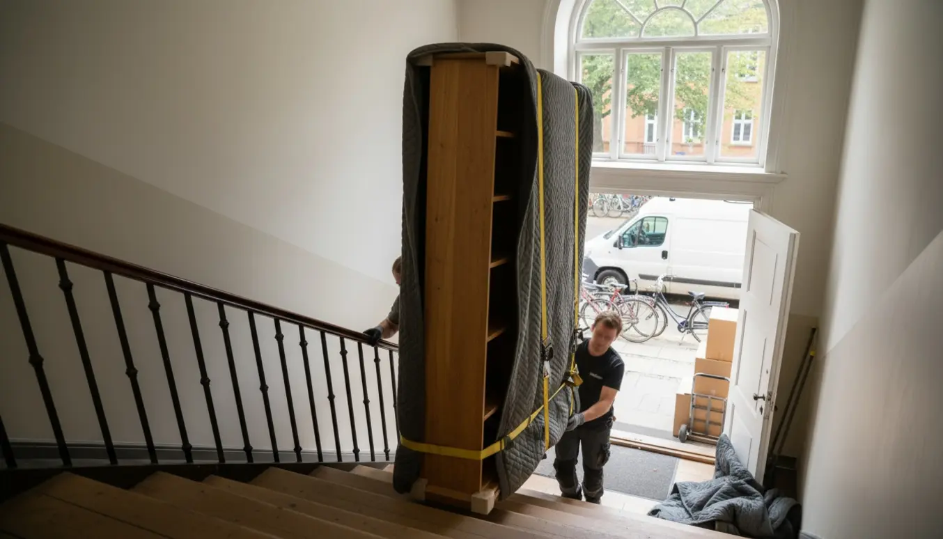To flyttemænd bærer en høj reol op ad trappen i en opgang, mens en umarkeret flyttevogn holder parkeret udenfor.