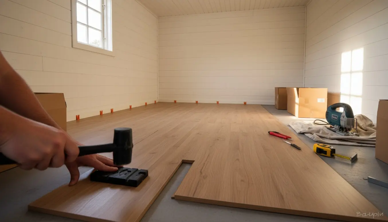 Nærbillede af klikgulv, der lægges i en lille kolonihavehytte med værktøj og blødt dagslys.