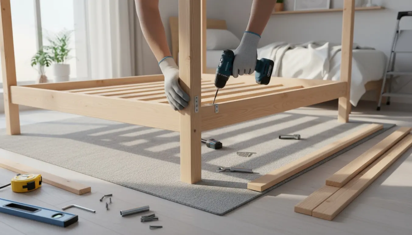 Delvist monteret køjeseng i et lyst værelse med værktøj og hænder ved samling.