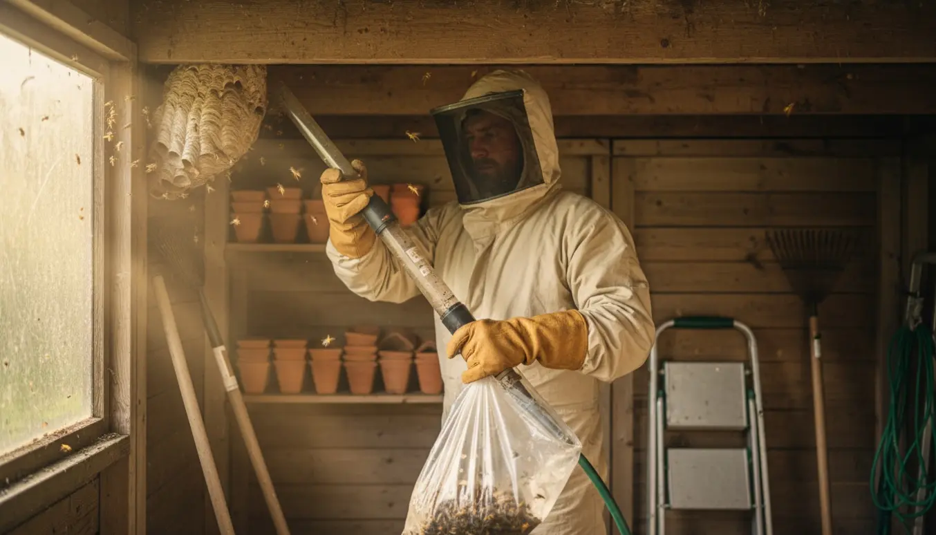 En person i beskyttelsesdragt fjerner et stort hvepsebo i et træskur med langt værktøj.