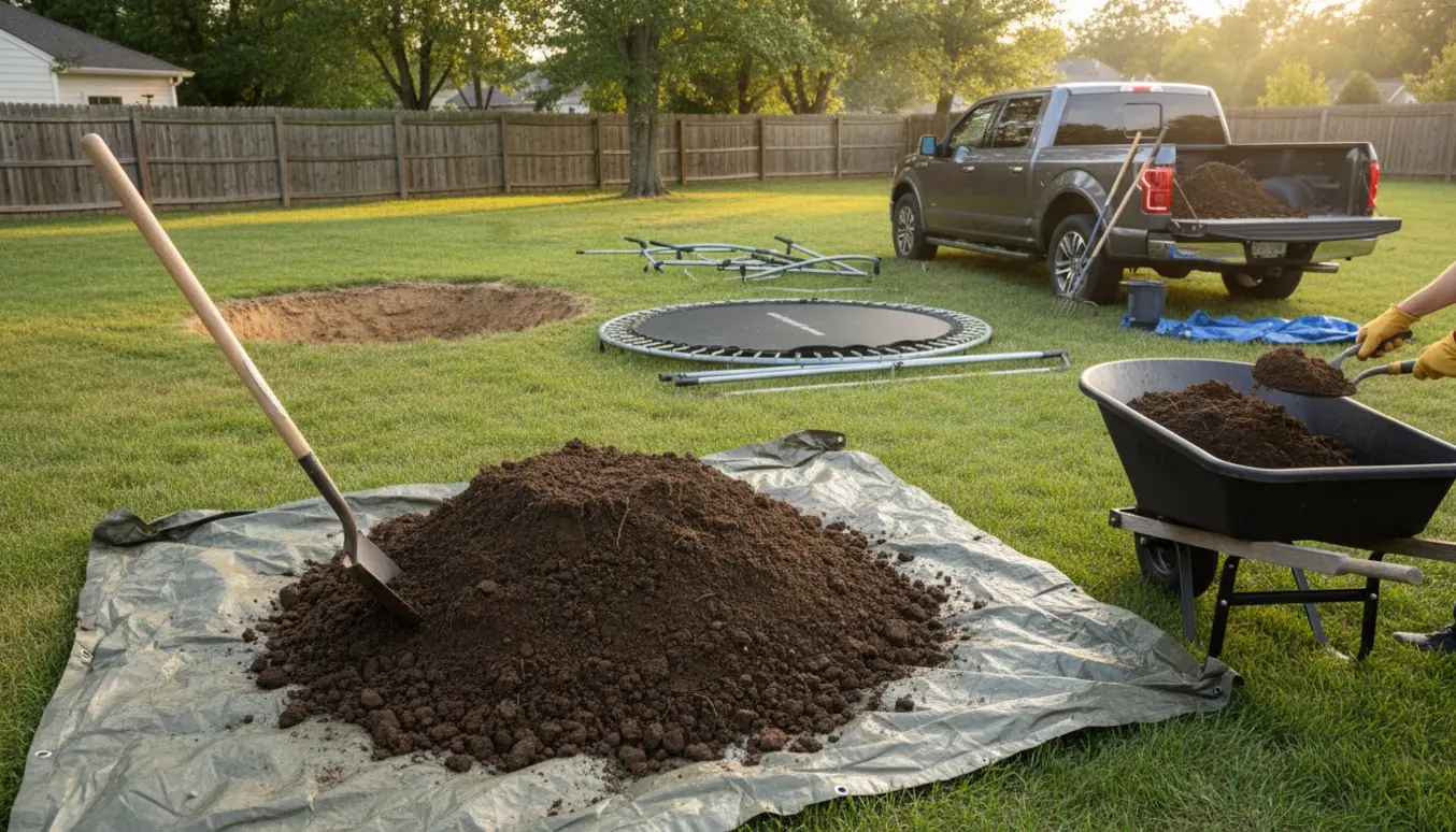Jord læsses op fra en trampolinudgravning i en have, ansigter er ikke synlige.