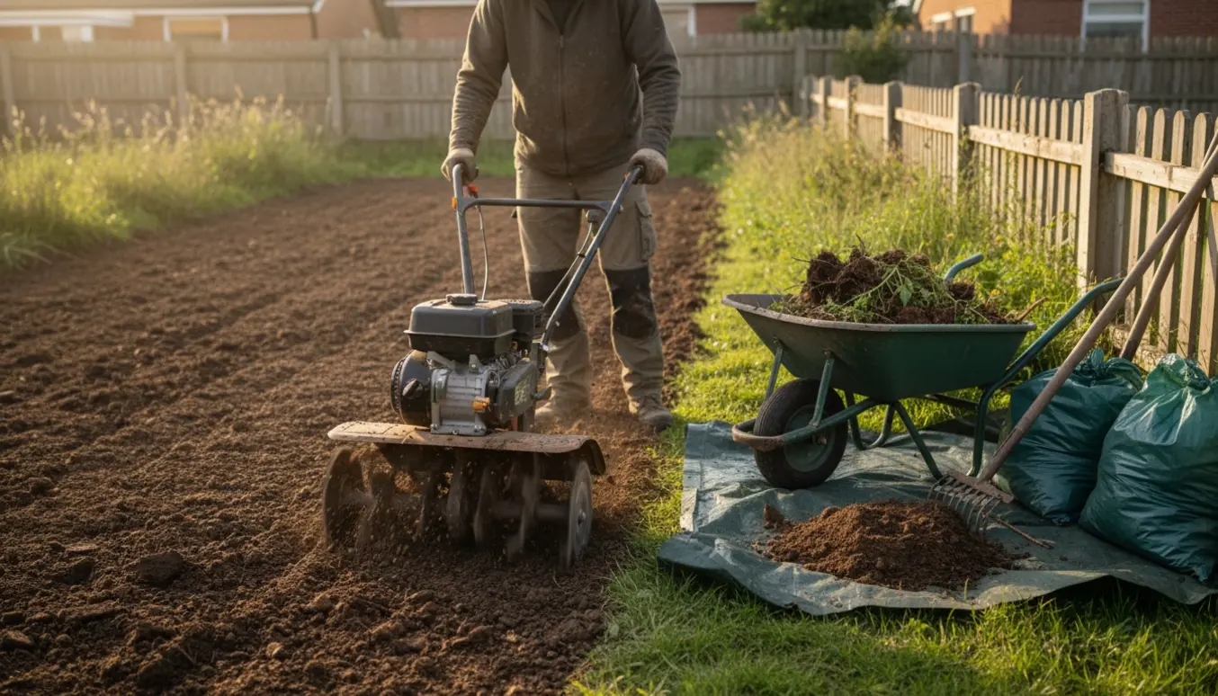 Lille jordfræser og handsker fjerner ukrudt og rødder, med trillebør og bunker af haveaffald ved siden af.