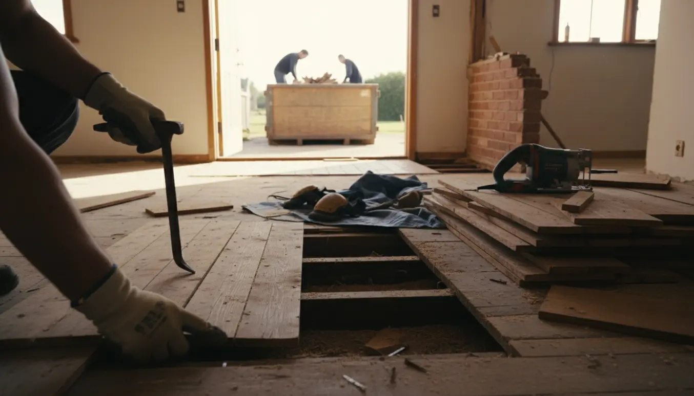 Fjernelse af gamle fyrretræsgulve og undergulv i et tomt étplanshus med værktøj og træcontainer udenfor.