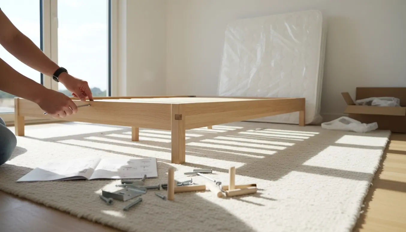 Hænder samler en ny seng i et lyst, moderne soveværelse med værktøj og emballage.