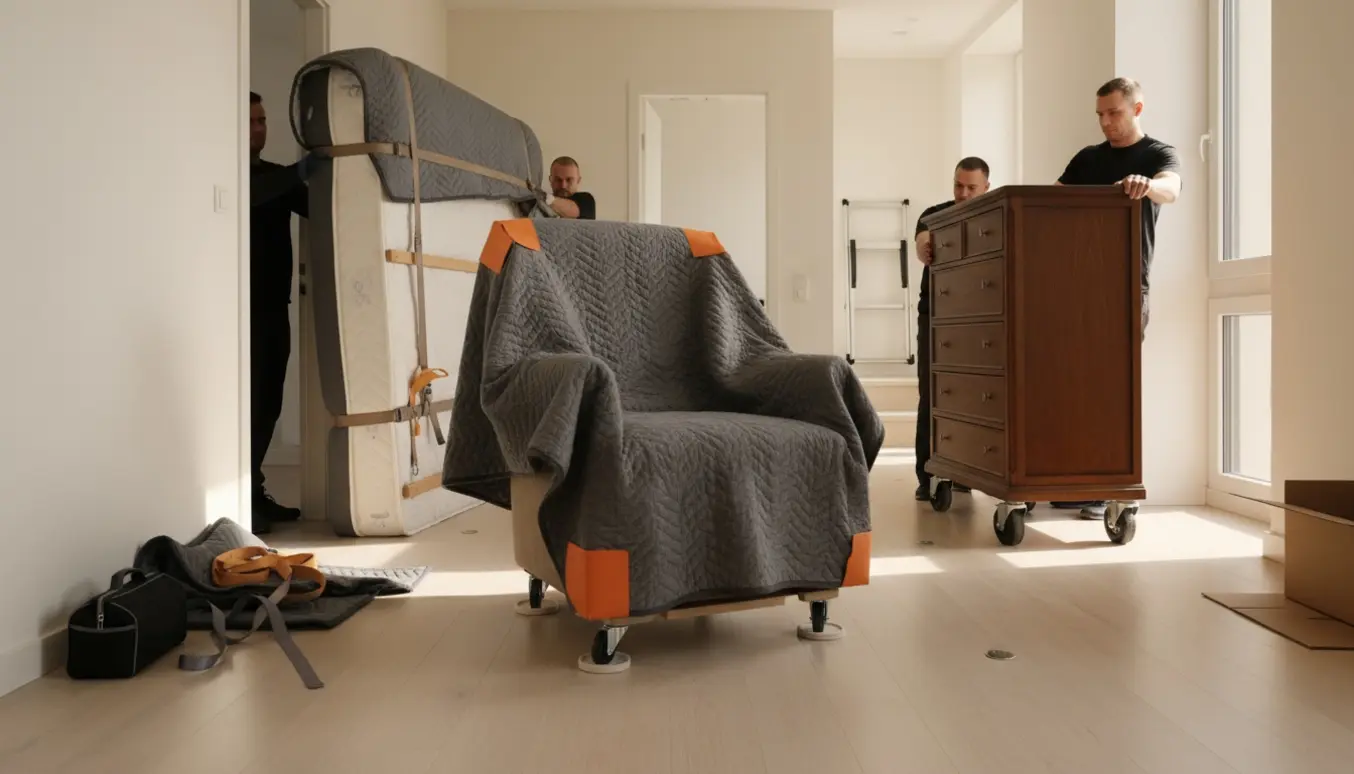 Flyttefolk bærer tunge senge, en stor lænestol og en kommode gennem en lys lejlighed med flyttetæpper og dollys.