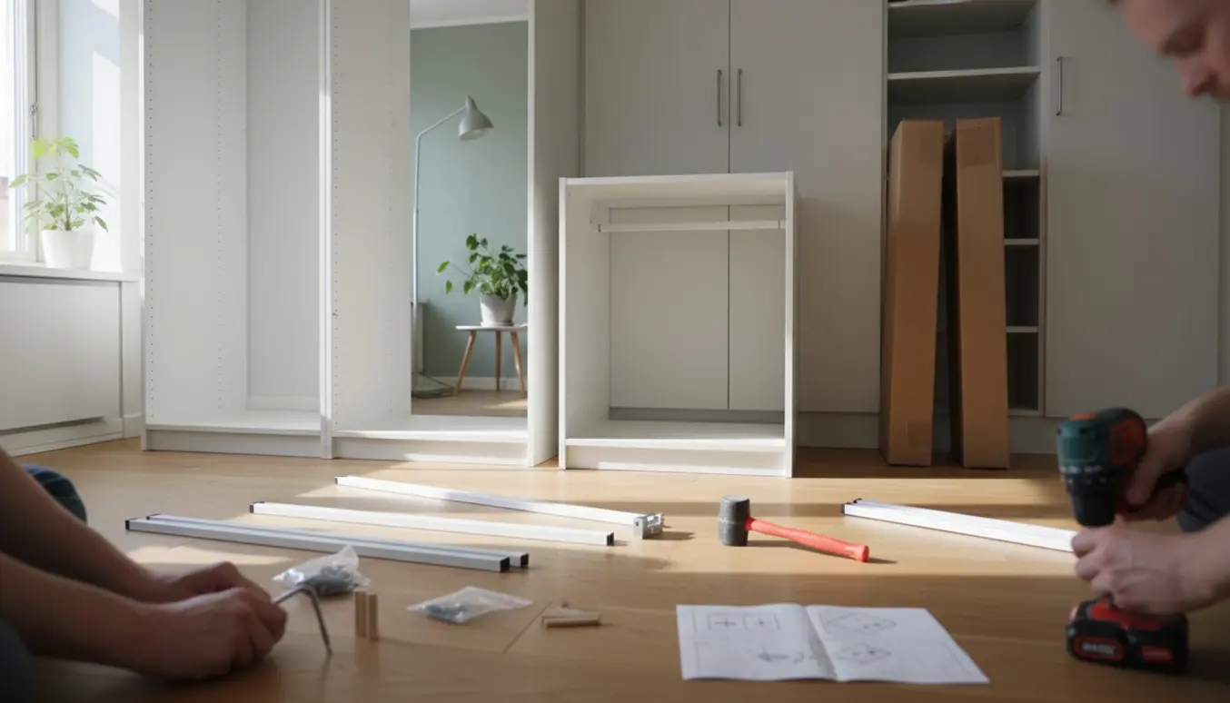 To personer samler to høje, hvide skabrammer i en lys skandinavisk lejlighed i Vanløse.