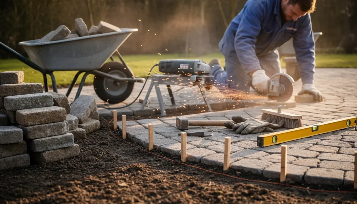 Terrasse under renovering, rund kant skæres af og herregårdssten er stablet i bunker ved siden af.