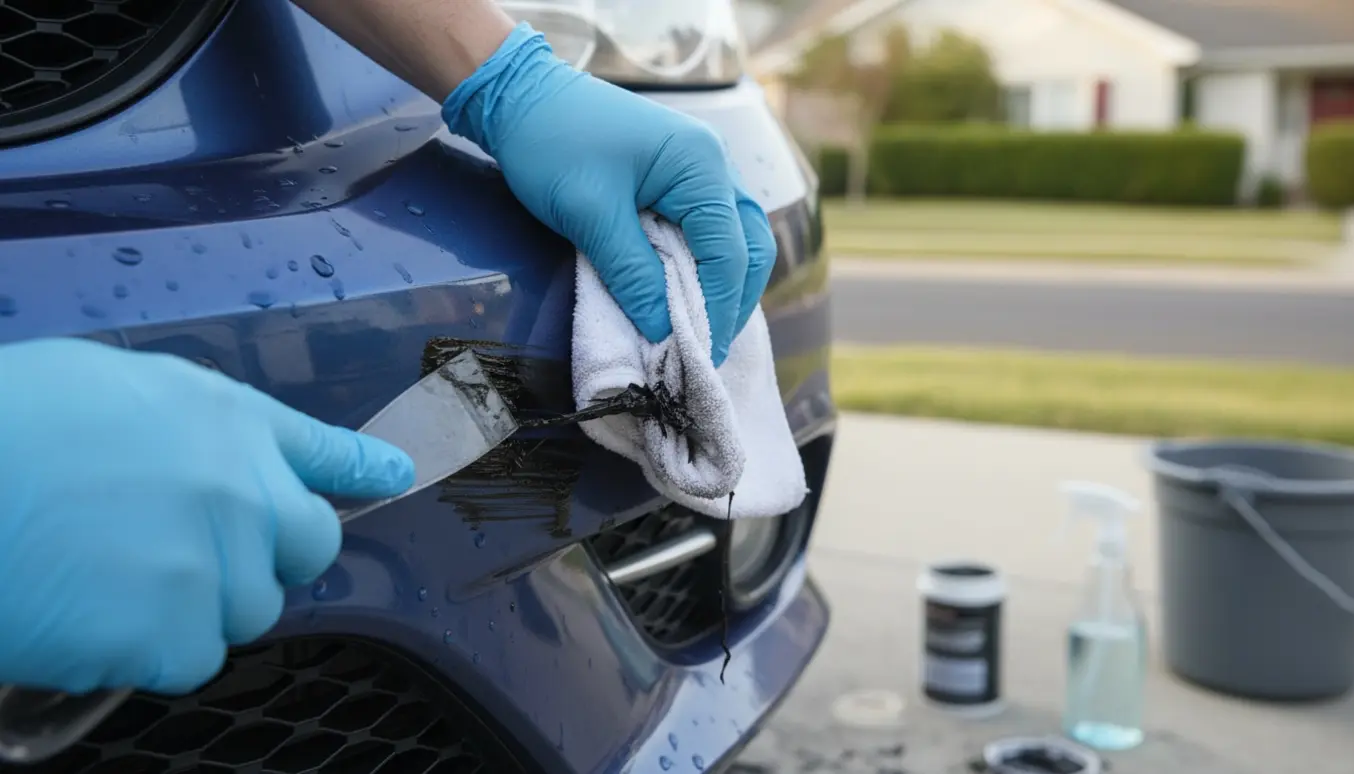 Handskerede hænder fjerner sort tagpap fra en bils kofanger med skraber og microfiberklud i en oplyst indkørsel.