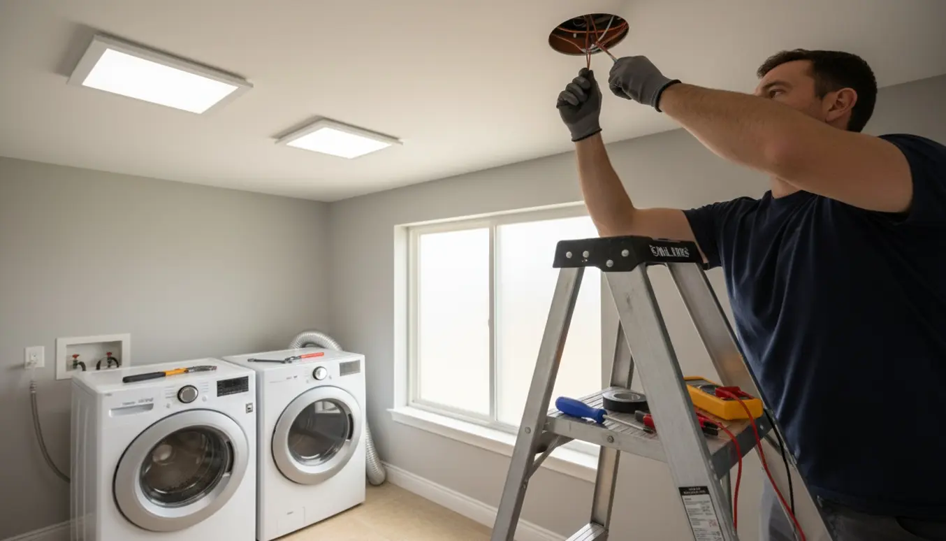 Hænder tilslutter loftslamper og tilslutter vaskemaskine og tørretumbler i et lyst vaskerum.