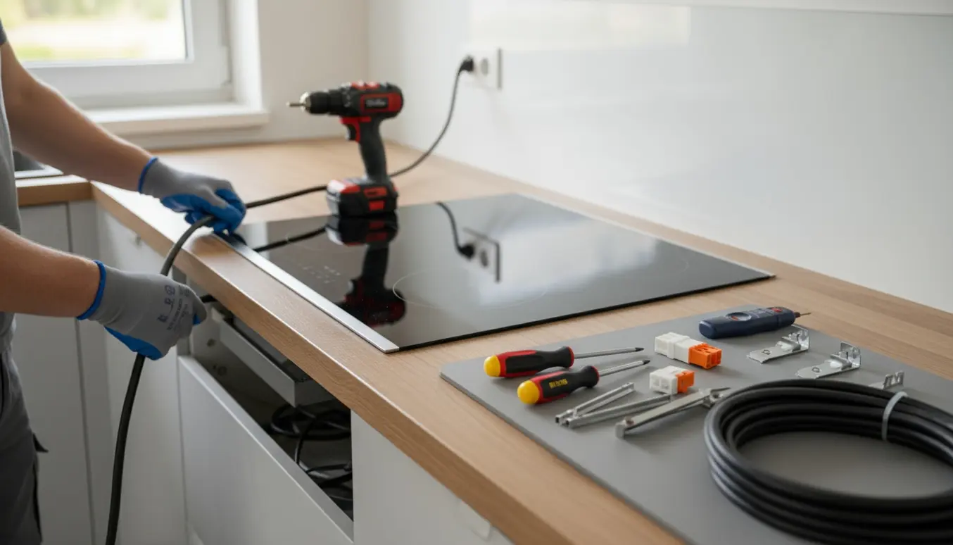 Delvist installeret induktionskogeplade på køkkenbord med elektrikerhænder og kabler mod en vægkontakt.