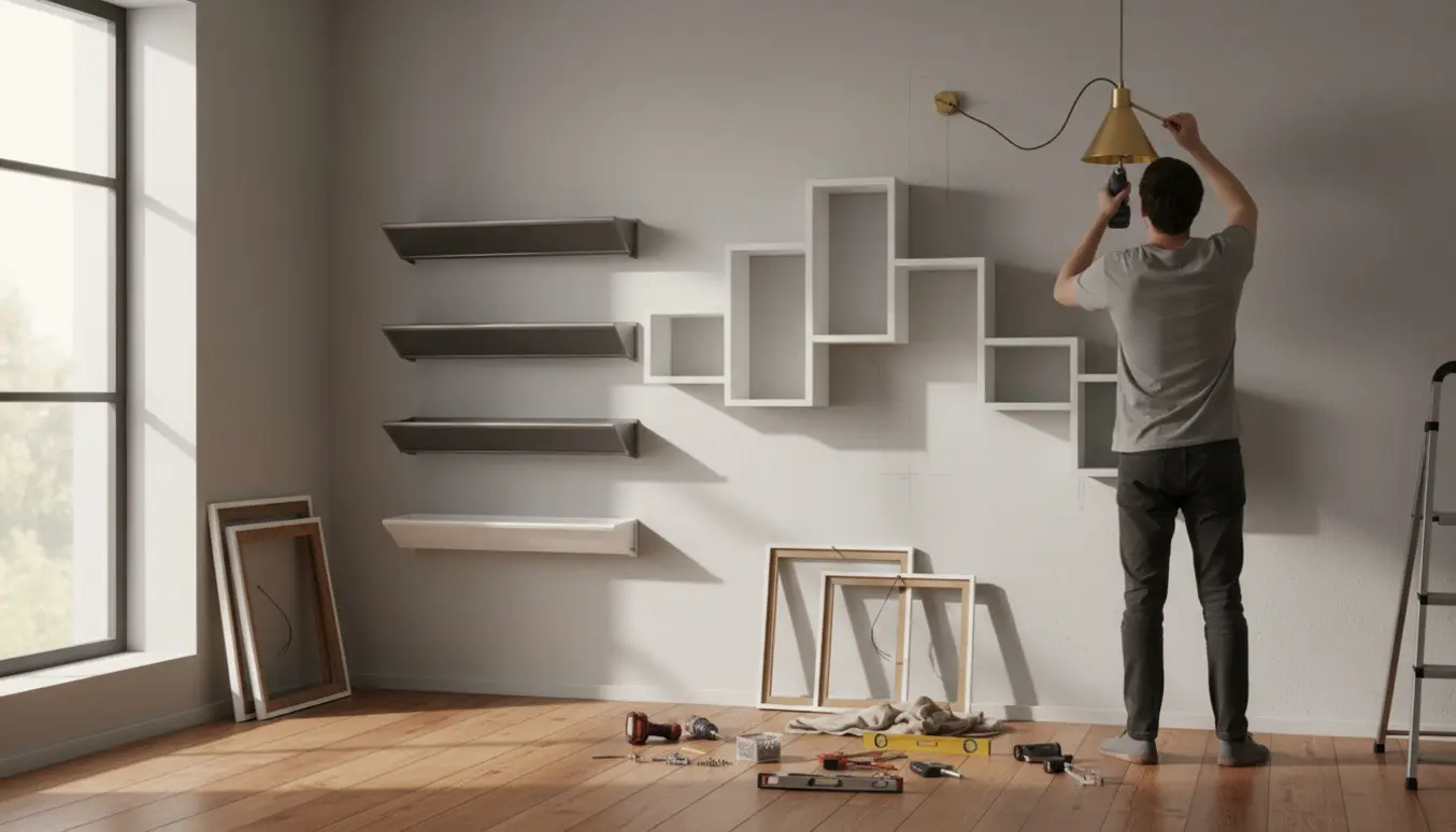 Værktøj og hænder monterer en loftlampe og flere hylder på en stuevæg.