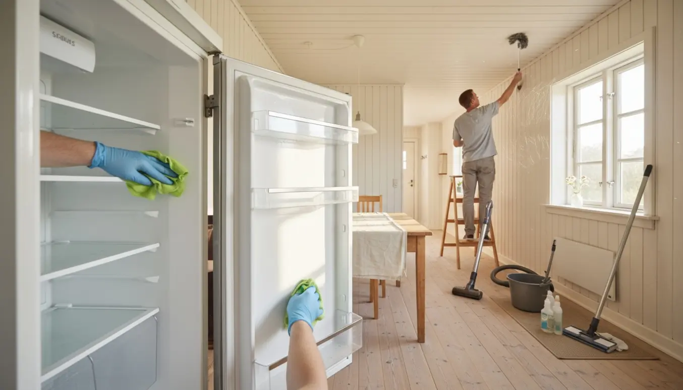 Ældre sommerhusinteriør under rengøring med handsker, spand, støvsuger, fjernelse af spindelvæv og et åbent, rengjort køleskab.