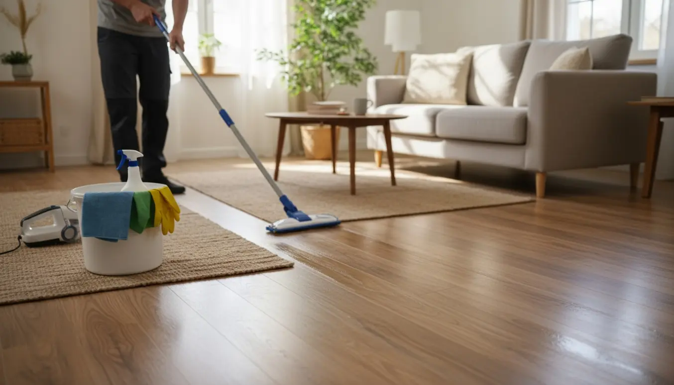 Person mopper et lyst trægulv i et solfyldt, rummeligt hus med spand og rengøringsredskaber.