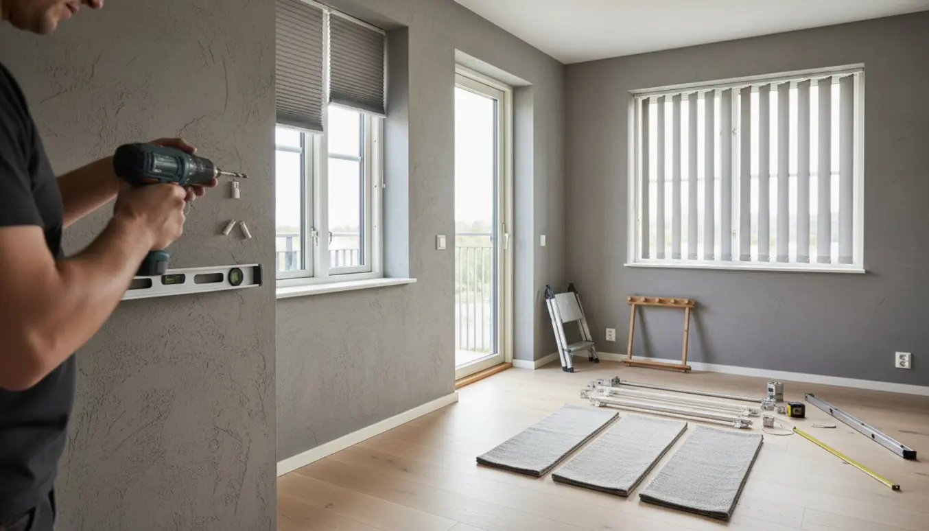 Hænder monterer lamelgardiner, et plisségardin og en knagerække på en lys hård væg ved vinduer og altandør.