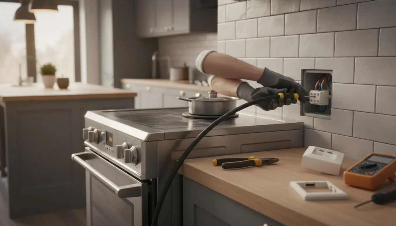 Elektrikers hænder tilslutter komfurets kraftkabel til en ny vægterminal bag et trukket komfur i et moderne køkken.