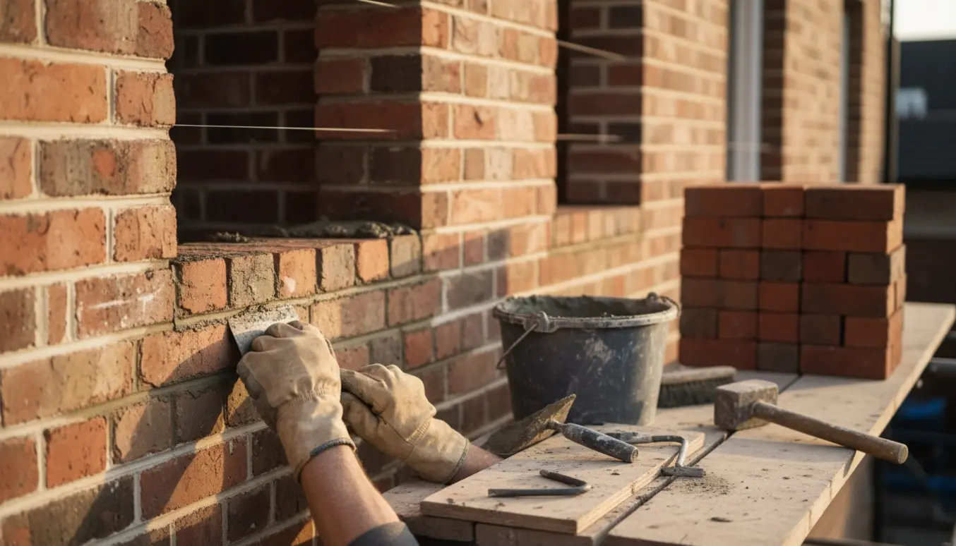 Murer omfuger en mur og murer to øverste vinduer til med mørtel og mursten på stillads.