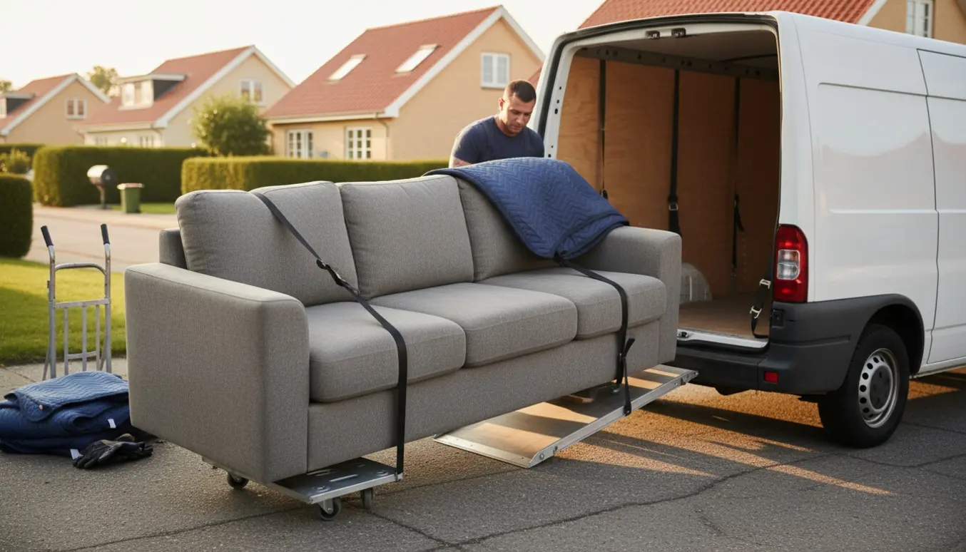 Stor sofa læsset ind i en varevogn på en stille villavej, flyttemænd med skjulte ansigter sikrer den.