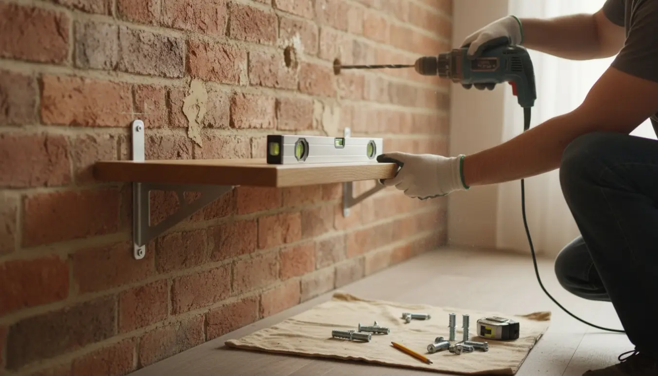 Hænder monterer en træhylde på en murstensvæg med plugs, metalankre og boremaskine synlige.