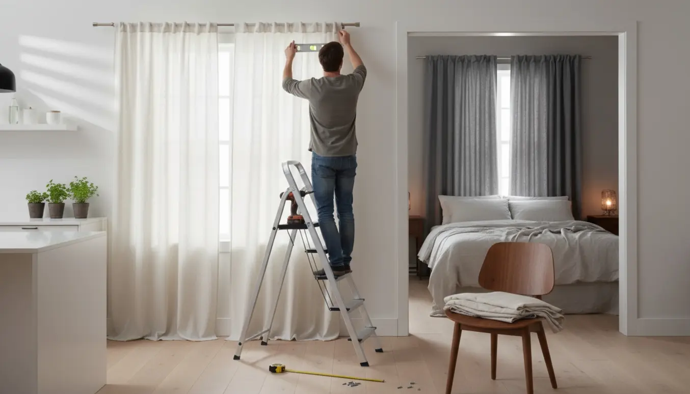 Person hænger fire gardiner op i køkken og soveværelse med stige og værktøj i forgrunden.